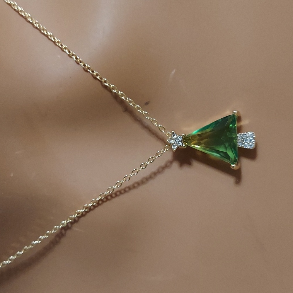 Watermelon Tourmaline CZ Triangle Tree Gold Pendant - Picture 3 of 12